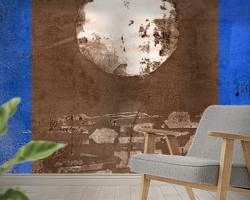 Abstract geometric and organic shapes in brown, white, blue.
