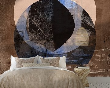 Abstract organic and geometric shapes in brown, black, blue, white. by Dina Dankers