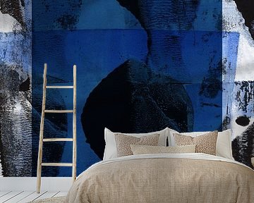 Abstract organic shapes in black, white, blue. by Dina Dankers