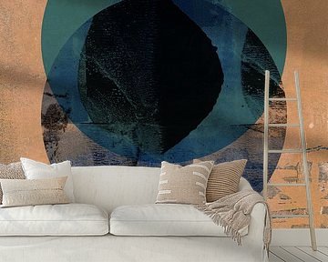 Abstract geometric and organic shapes in light terracotta, teal, black. by Dina Dankers