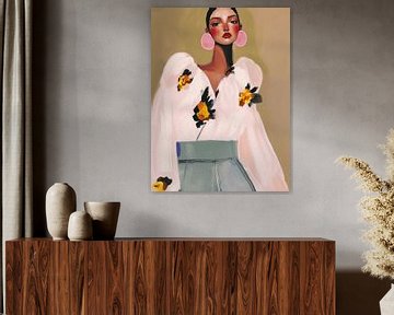 Modern portret in pastelkleuren met neon roze accenten van Carla Van Iersel