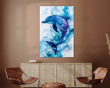 Aquarelle d'un dauphin dans les tons bleus
