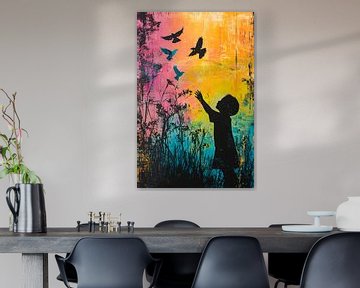 Kind met vogels in silhouet banksy stijl van Imperial Art House