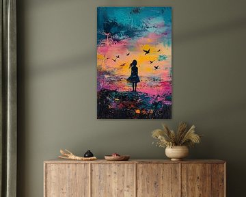 Meisje en vogels bij zonsondergang van Imperial Art House