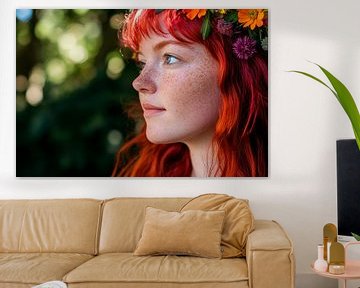 Bloemenkrans en rood haar van Poster Art Shop