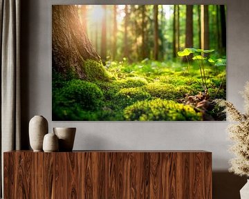 Ochtendzon in het bos van Poster Art Shop