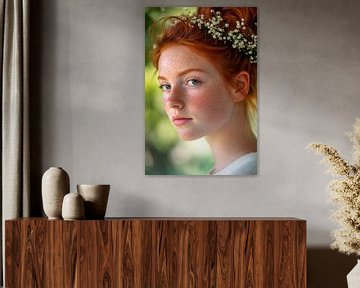 Rode schoonheid met een bloemenkrans van Poster Art Shop