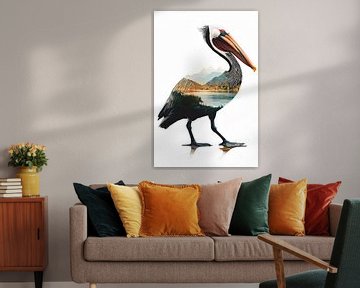 Pelikaan met landschap van Poster Art Shop