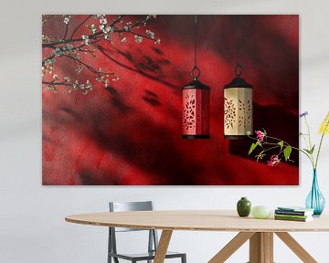 Laternen am roten Wand von Poster Art Shop