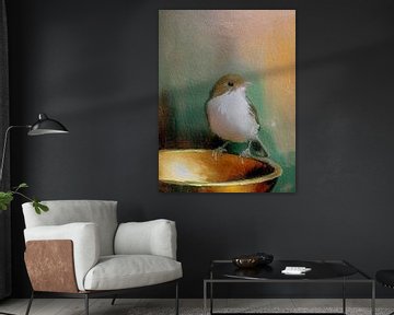 Rustig en sfeervol schilderij: Vogeltje op koperen schaal van Studio Pieternel