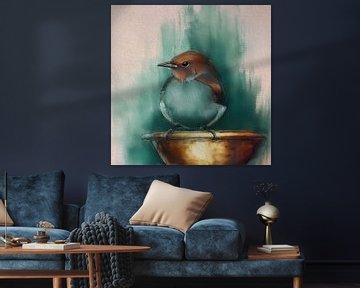 Rustig schilderij met een Vogeltje op gouden schaal van Studio Pieternel