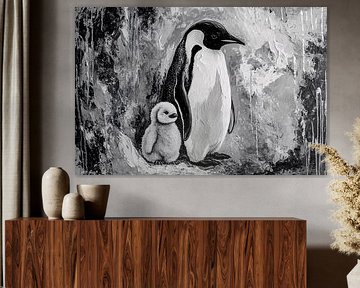 Manchot noir et blanc et poussin