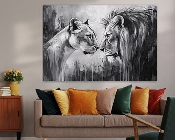 Lion and lioness in black and white
