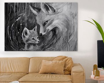 Black-and-white mother fox art