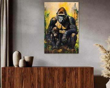 Peinture d'une mère gorille et d'un jeune gorille