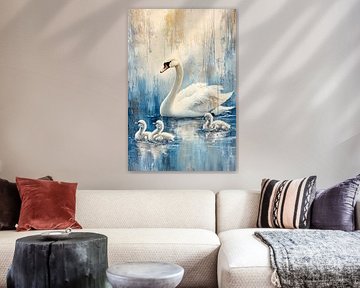 Swan with young on water