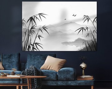 Bamboe landschap met berg silhouet van Poster Art Shop