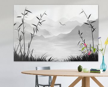 Berglandschap met bamboe en mist van Poster Art Shop
