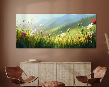 Blooming meadow with mountains in the background by Poster Art Shop