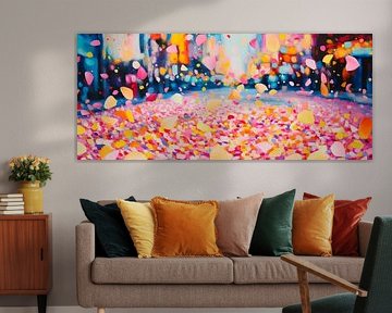 Bloemblaadjes vallen in een stadsstraat