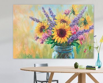 Bouquets de fleurs colorés dans un vase en verre sur Poster Art Shop