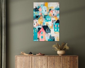 Paysage de maisons colorées dans le style aquarelle sur Poster Art Shop