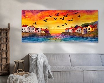 Kleurrijk kustlandschap bij zonsondergang van Poster Art Shop