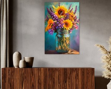 Kleurrijke zomerbloemen in een glazen vaas