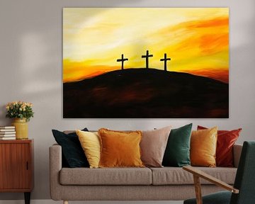 Drie kruizen in een mystieke zonsondergang van Poster Art Shop
