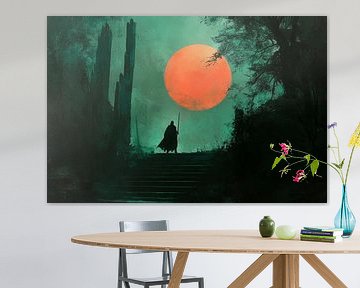 Sombere krijger voor een rode maan van Poster Art Shop