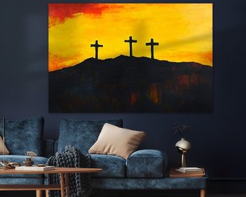 Drie kruisen voor een stralende zonsondergang van Poster Art Shop