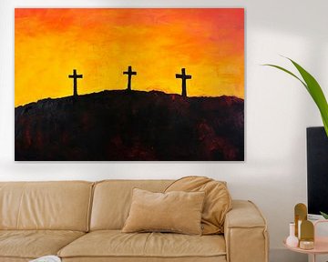 Drie kruizen in de zonsondergang van Poster Art Shop