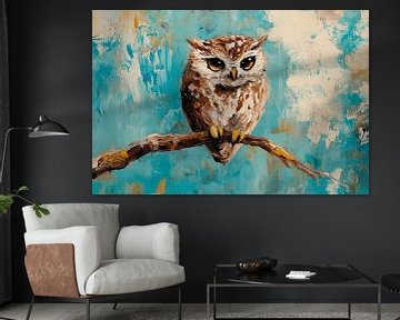 Uil op een tak tegen een pastelblauwe achtergrond van Poster Art Shop