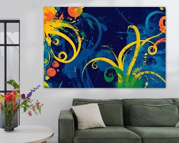 Fantasierijke explosie van kleur op blauw