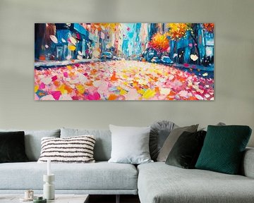 Kleurrijke herfststraat met bloemblaadjes van Poster Art Shop