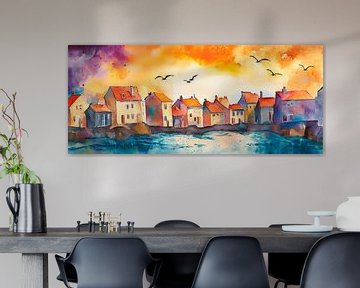 Kleurrijk kustdorp bij zonsondergang van Poster Art Shop