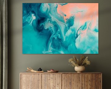 Kleurenspel in blauw en koraal van Poster Art Shop