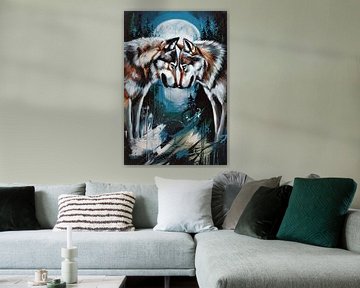 Wolven en maan in bos van Imperial Art House