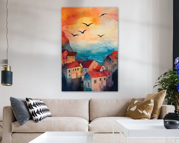 Kleurrijk kustlandschap met huizen van Poster Art Shop