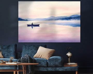 Visser in de ochtendmist op het meer van Poster Art Shop