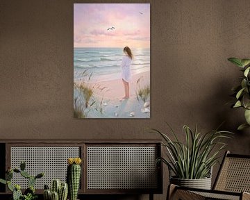 Femme sur la plage au coucher du soleil sur Poster Art Shop