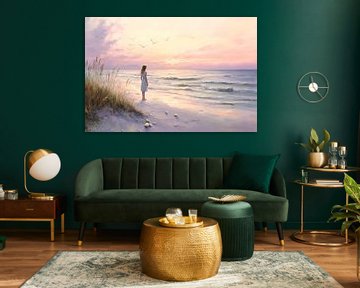 Vrouw op het strand bij zonsondergang van Poster Art Shop