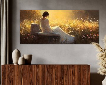 Femme au soleil sur un banc sur Poster Art Shop