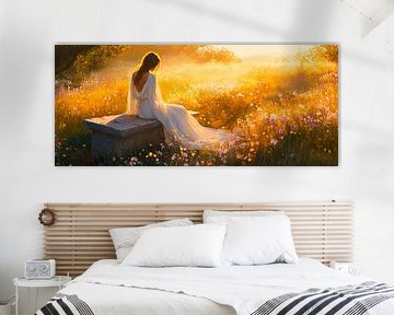 Femme au coucher du soleil dans une prairie sur Poster Art Shop