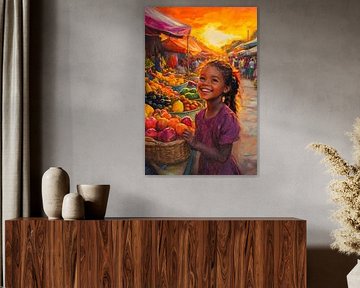 Fröhliches Mädchen im Markt bei Sonnenuntergang von Poster Art Shop