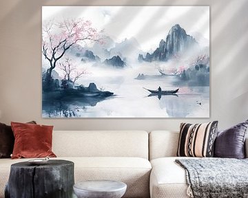 Peaceful landscape with boat and mountains by Poster Art Shop