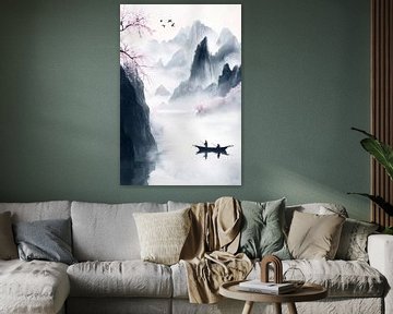 Vredige boottocht in de zee van mist van Poster Art Shop