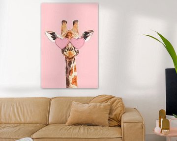 Giraffe with heart-shaped glasses against a pink background by Poster Art Shop