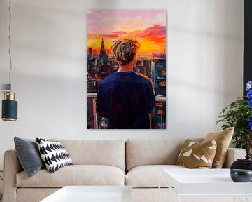 Jeune homme regardant un coucher de soleil sur Poster Art Shop