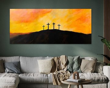Kruisen in silhouet bij zonsondergang van Poster Art Shop